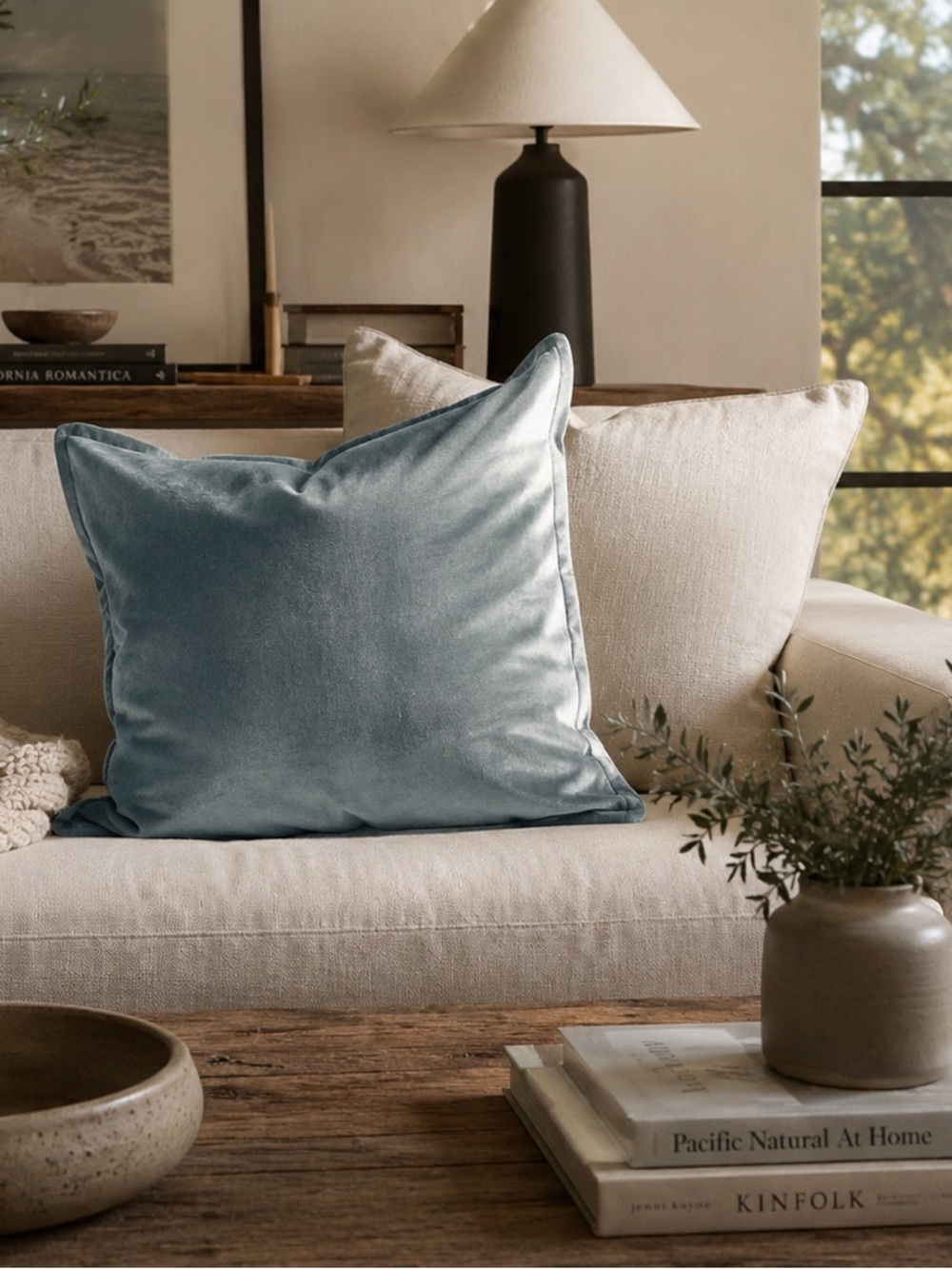 Blue Gray Velvet Pillow Cover 26x26 Euro Zip Closure Luxe Coastal Modern Miulee